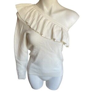 NWT! REBECCA MINKOFF SMALL WHITE RUFFLED‎ ONE COLD SHOULDER SWEATER